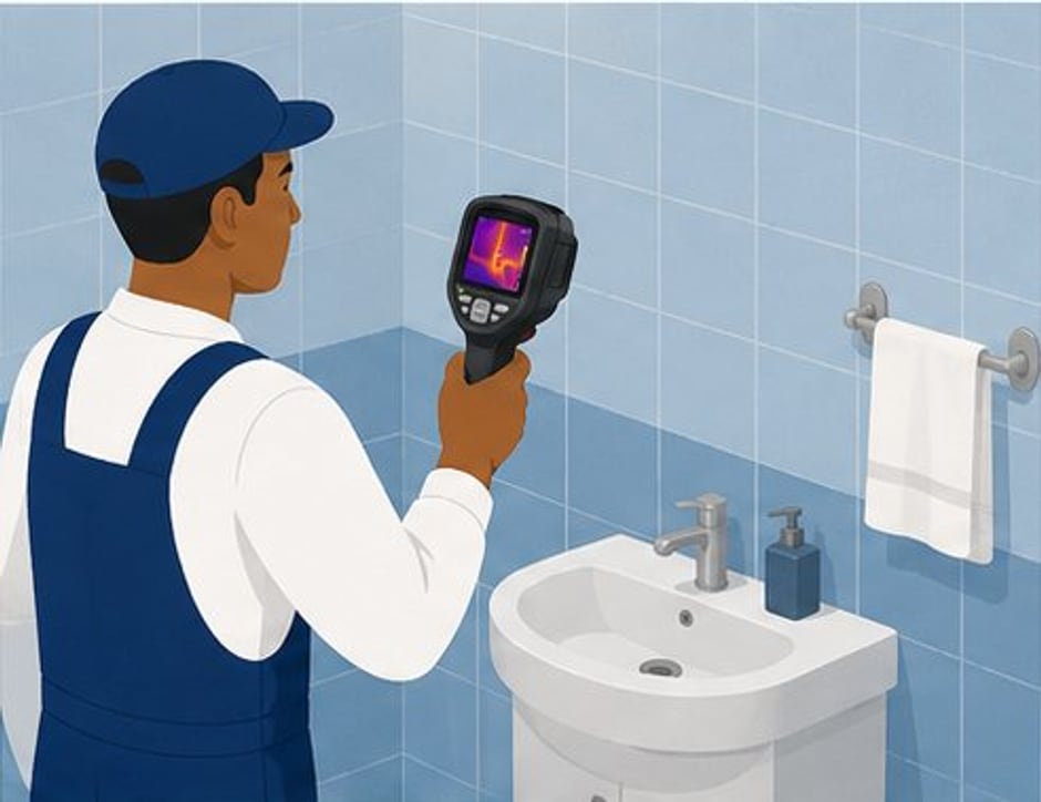 A Home Assist technician scanning the wall behind a basin with a handheld thermal imaging camera