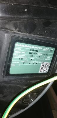 Geyser serial number plate showing model and date code
